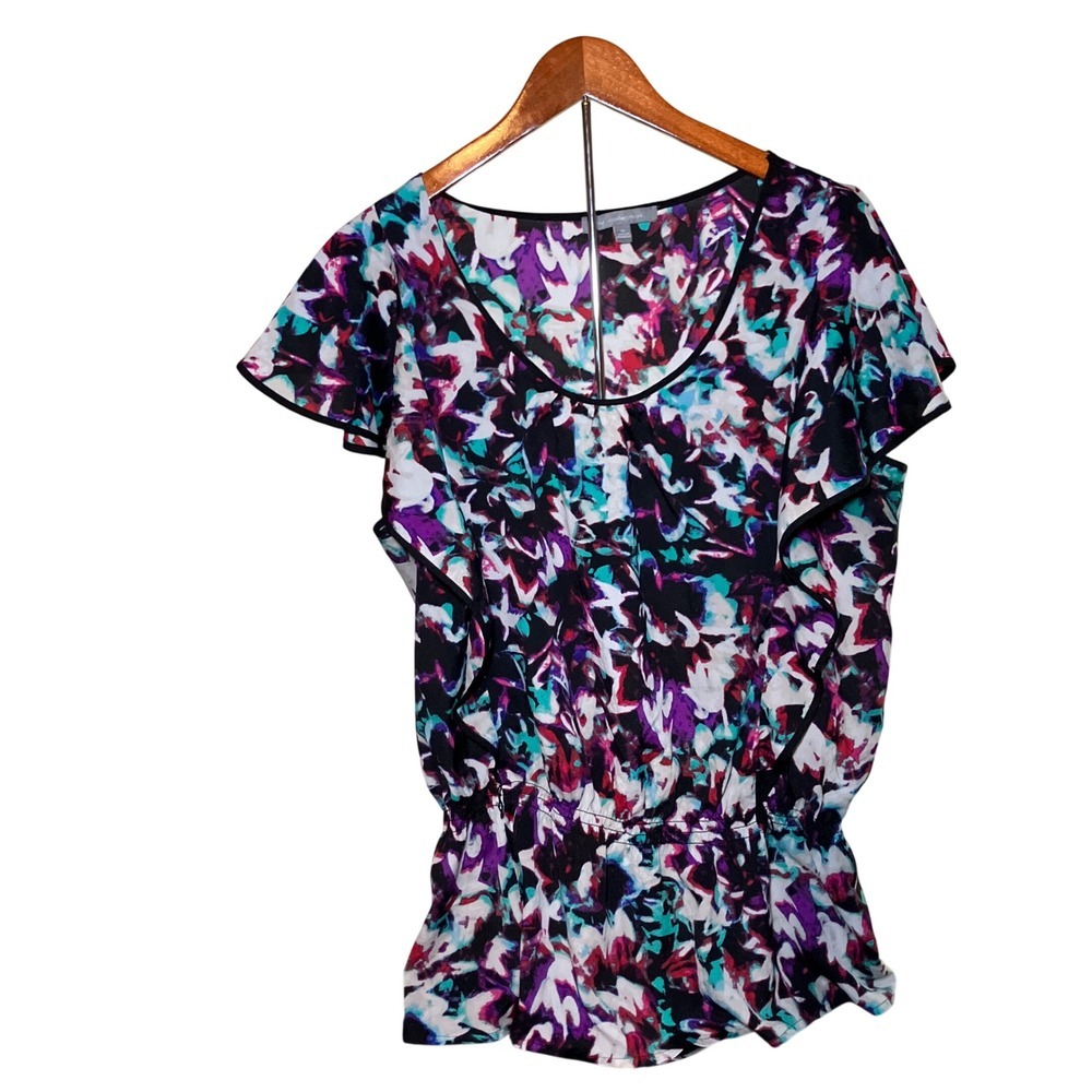 NY Collection Blouse Womens XS Multicolor Abstract Flutter Sleeve Peplum